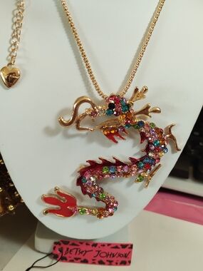 Betsey Johnson Multicolor Crystal Dragon Pendant Necklace - Gold Tone